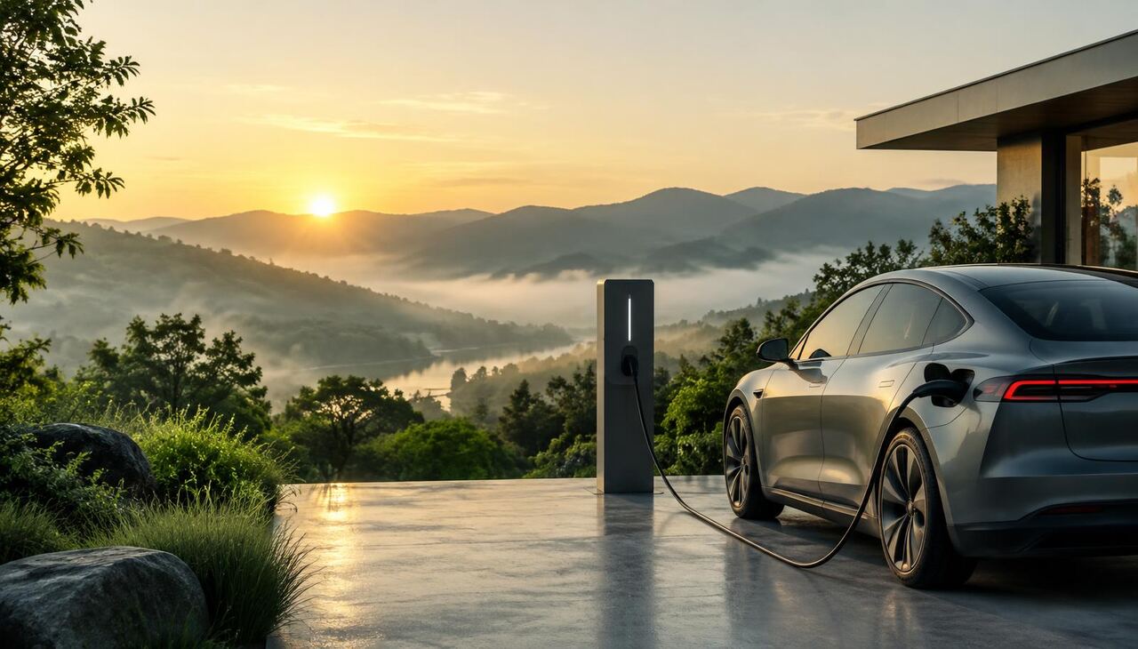 Electric car charging at a minimalist station at sunrise above a misty green valley